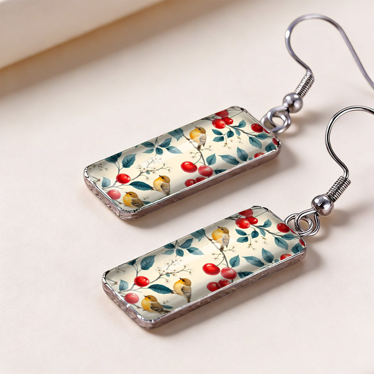 Fresh Cherry Branch & Yellow Bird Print Rectangular Earrings